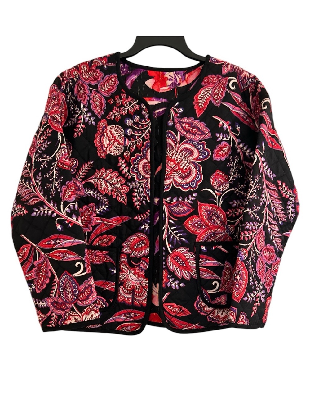 Long Sleeve Floral Quilted Reversible Jacket Black Pink Purple Size S